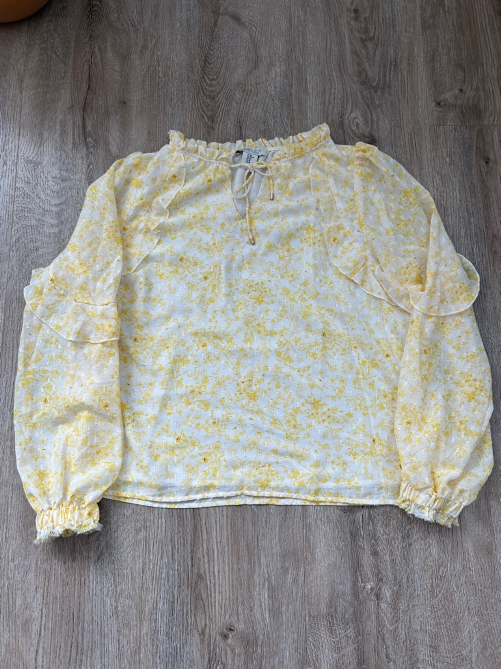 Lightweight Mock Neck Yellow Floral Tie-Neck Blouse Long Sleeve